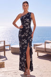 Blue Floral Ruched Sheath One Shoulder Long Formal Dress with Slit