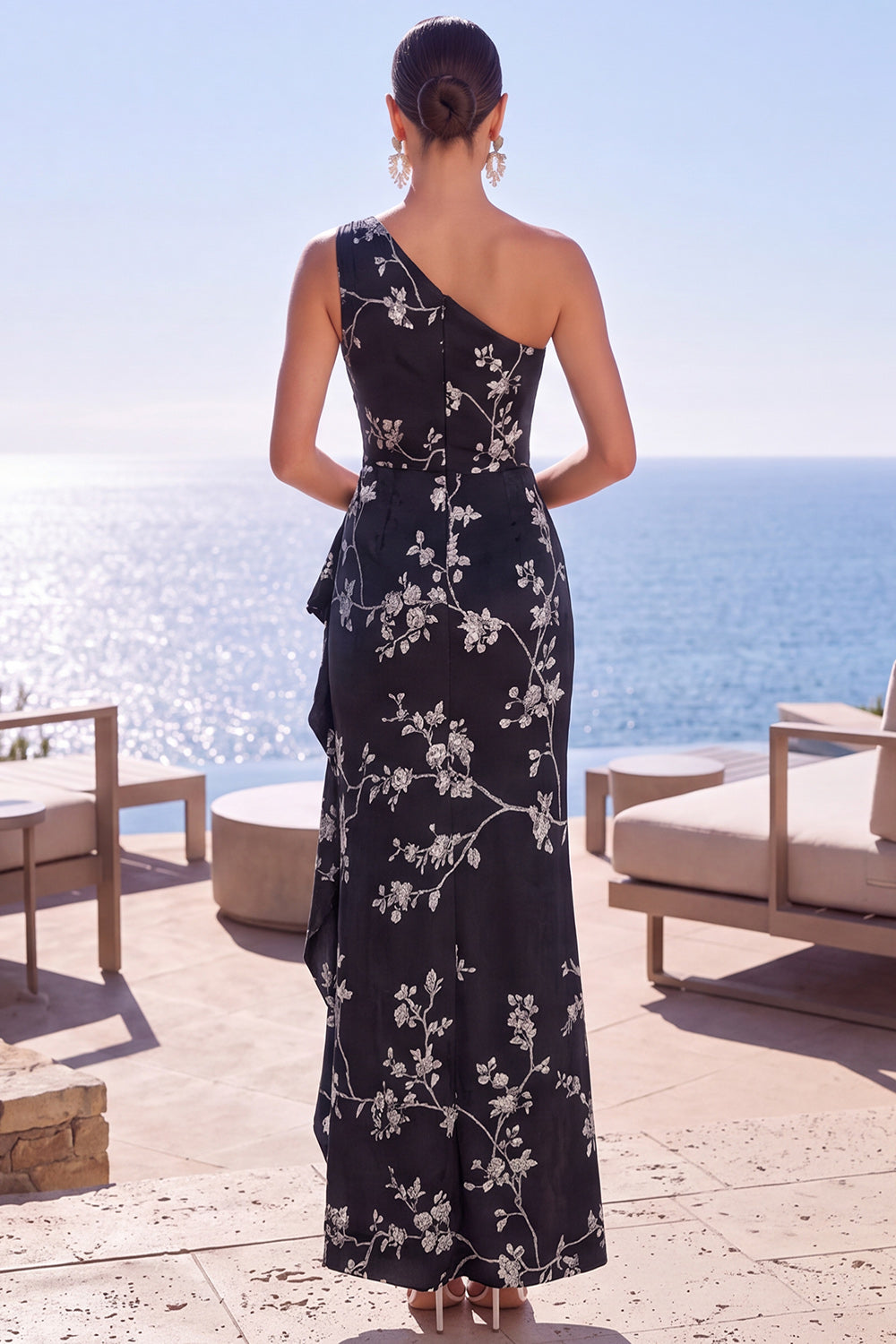 Blue Floral Ruched Sheath One Shoulder Long Formal Dress with Slit