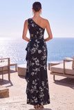 Blue Floral Ruched Sheath One Shoulder Long Formal Dress with Slit