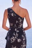 Blue Floral Ruched Sheath One Shoulder Long Formal Dress with Slit
