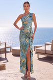 Blue Floral Ruched Sheath One Shoulder Long Formal Dress with Slit