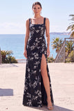 Black Floral Sheath Square Neck Long Formal Dress with Slit