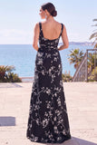 Black Floral Sheath Square Neck Long Formal Dress with Slit