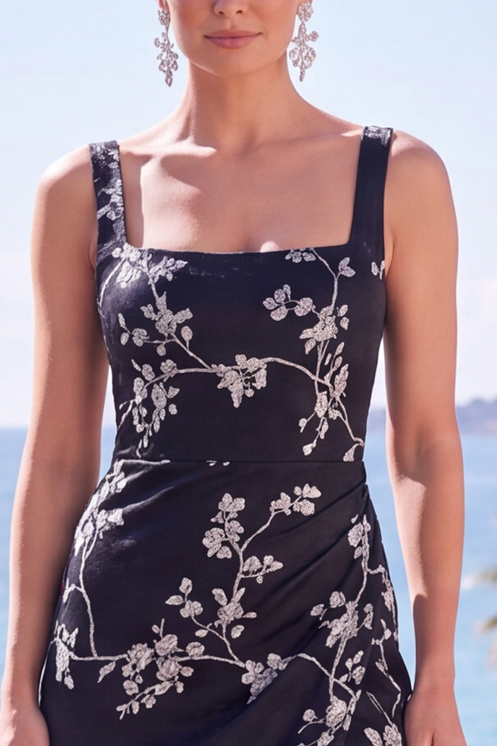 Black Floral Sheath Square Neck Long Formal Dress with Slit