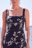 Black Floral Sheath Square Neck Long Formal Dress with Slit