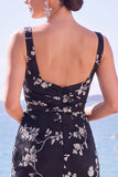 Black Floral Sheath Square Neck Long Formal Dress with Slit