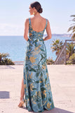 Black Floral Sheath Square Neck Long Formal Dress with Slit
