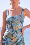 Black Floral Sheath Square Neck Long Formal Dress with Slit