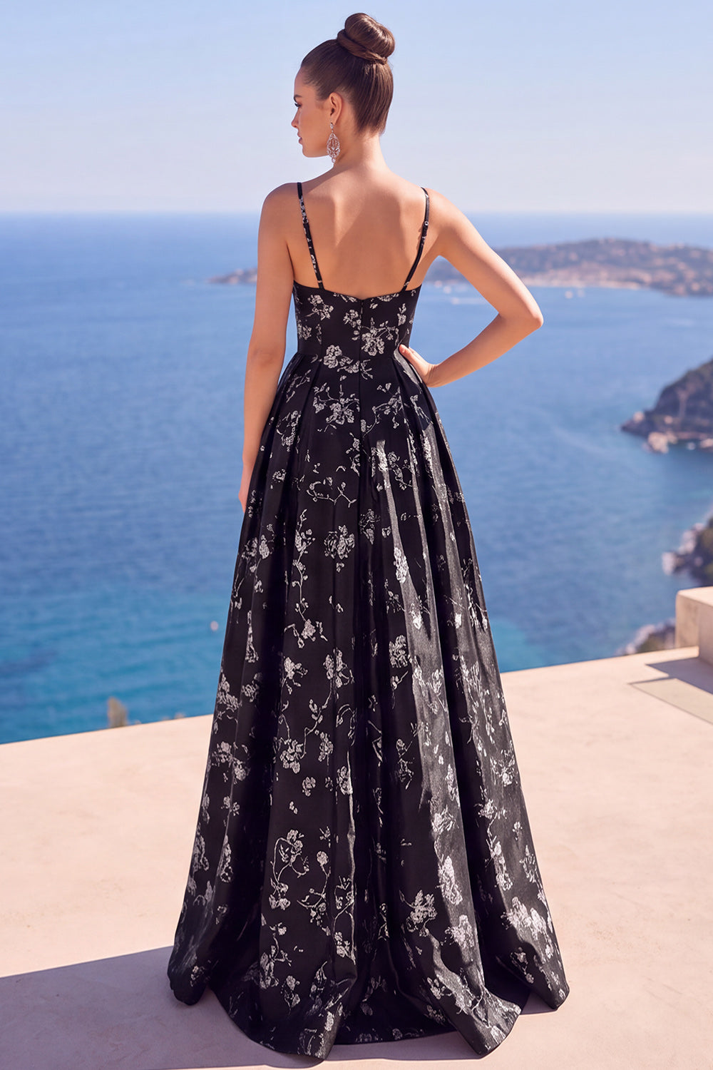 Black Floral A Line Spaghetti Straps Long Formal Dress with Slit