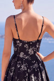 Black Floral A Line Spaghetti Straps Long Formal Dress with Slit