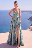 Black Floral A Line Spaghetti Straps Long Formal Dress with Slit
