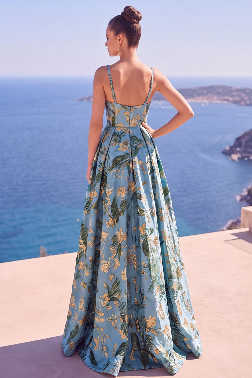 Black Floral A Line Spaghetti Straps Long Formal Dress with Slit