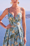 Black Floral A Line Spaghetti Straps Long Formal Dress with Slit