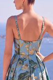 Black Floral A Line Spaghetti Straps Long Formal Dress with Slit