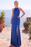 Navy Jacquard Sheath Halter Ruched Long Formal Dress with Slit