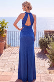 Navy Jacquard Sheath Halter Ruched Long Formal Dress with Slit