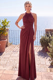 Navy Jacquard Sheath Halter Ruched Long Formal Dress with Slit