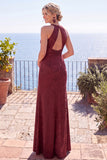 Navy Jacquard Sheath Halter Ruched Long Formal Dress with Slit