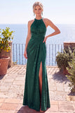 Navy Jacquard Sheath Halter Ruched Long Formal Dress with Slit