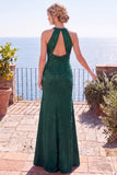 Navy Jacquard Sheath Halter Ruched Long Formal Dress with Slit