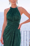 Navy Jacquard Sheath Halter Ruched Long Formal Dress with Slit