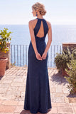 Navy Jacquard Sheath Halter Ruched Long Formal Dress with Slit