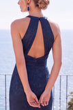Navy Jacquard Sheath Halter Ruched Long Formal Dress with Slit
