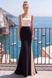 Black Champagne Satin Mermaid Square Neck Long Formal Dress
