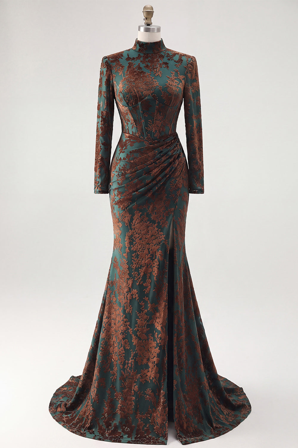Dark Green Floral Corset Mermaid Long Sleeves Velvet Holiday Dress with Slit