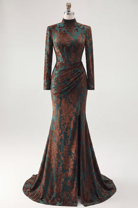 Dark Green Floral Corset Mermaid Long Sleeves Velvet Holiday Dress with Slit