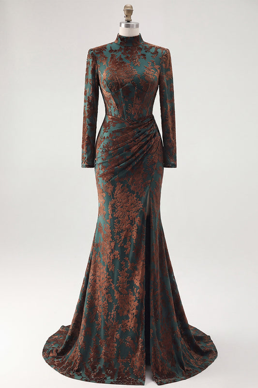 Dark Green Floral Corset Mermaid Long Sleeves Velvet Holiday Dress with Slit