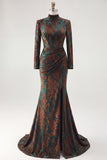 Dark Green Floral Corset Mermaid Long Sleeves Velvet Holiday Dress with Slit