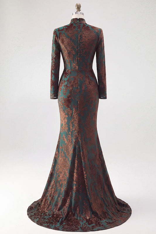 Dark Green Floral Corset Mermaid Long Sleeves Velvet Holiday Dress with Slit