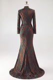 Dark Green Floral Corset Mermaid Long Sleeves Velvet Holiday Dress with Slit