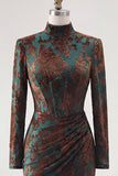 Dark Green Floral Corset Mermaid Long Sleeves Velvet Holiday Dress with Slit