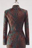 Dark Green Floral Corset Mermaid Long Sleeves Velvet Holiday Dress with Slit