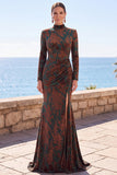 Dark Green Floral Corset Mermaid Long Sleeves Velvet Holiday Dress with Slit
