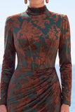 Dark Green Floral Corset Mermaid Long Sleeves Velvet Holiday Dress with Slit