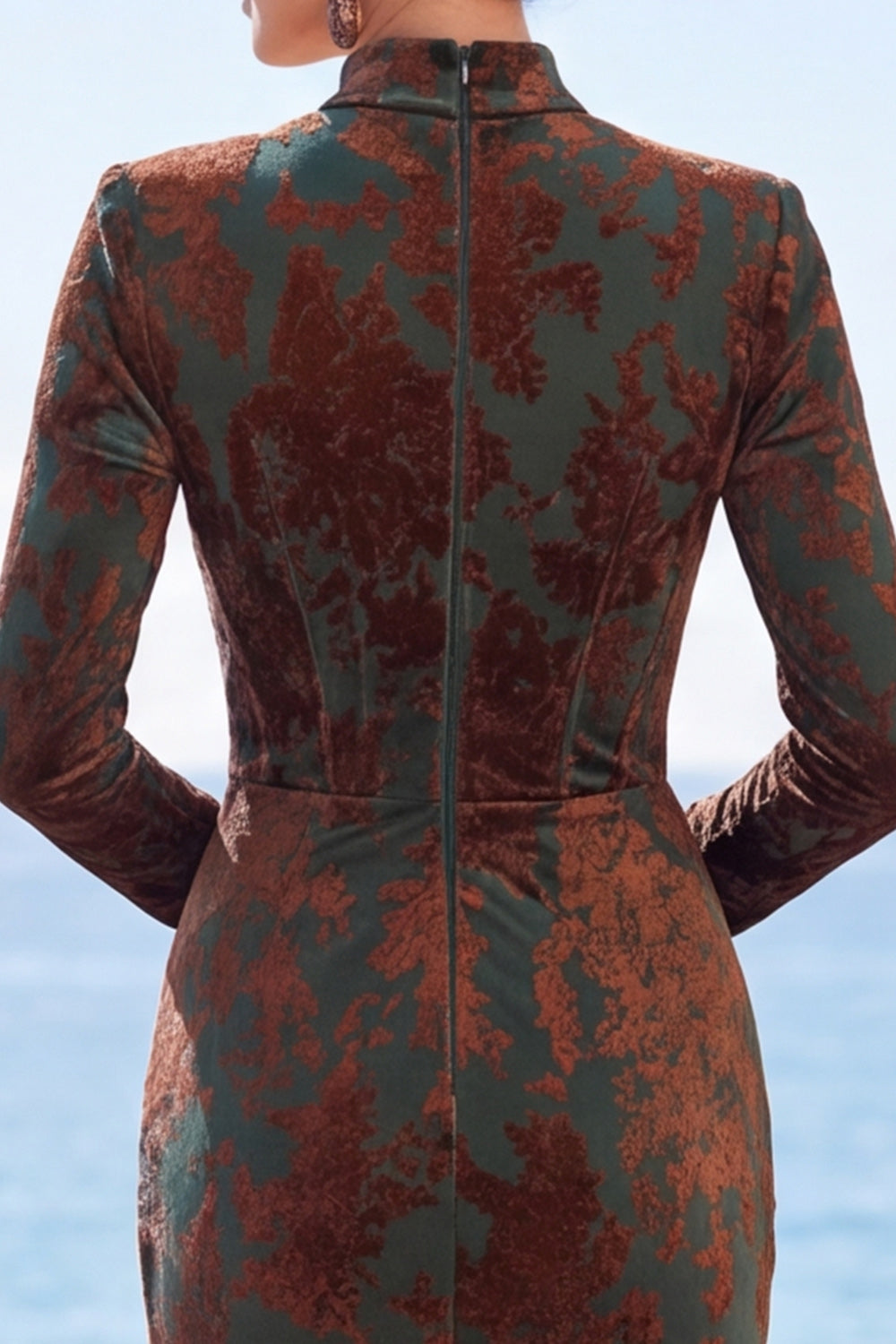 Dark Green Floral Corset Mermaid Long Sleeves Velvet Holiday Dress with Slit