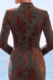 Dark Green Floral Corset Mermaid Long Sleeves Velvet Holiday Dress with Slit