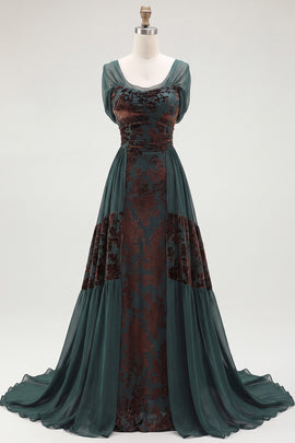 Zapakasa Women Dark Green Floral A Line Long Velvet Holiday Dress with Cape Scoop Neck Chiffon Ruched Formal Dress with Sleeves