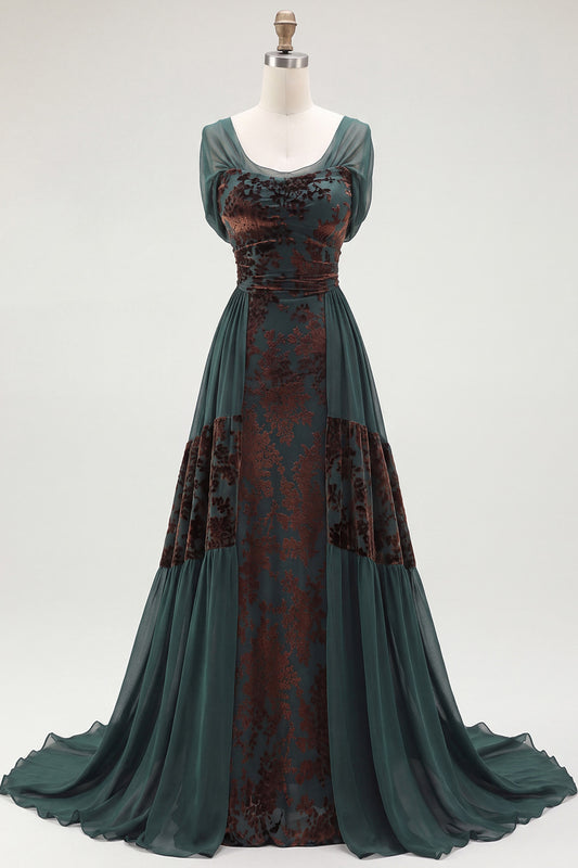 Dark Green Floral A Line Long Velvet Holiday Dress with Sleeves