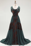 Zapakasa Women Dark Green Floral A Line Long Velvet Holiday Dress with Cape Scoop Neck Chiffon Ruched Formal Dress with Sleeves