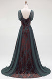 Dark Green Floral A Line Long Velvet Holiday Dress with Sleeves
