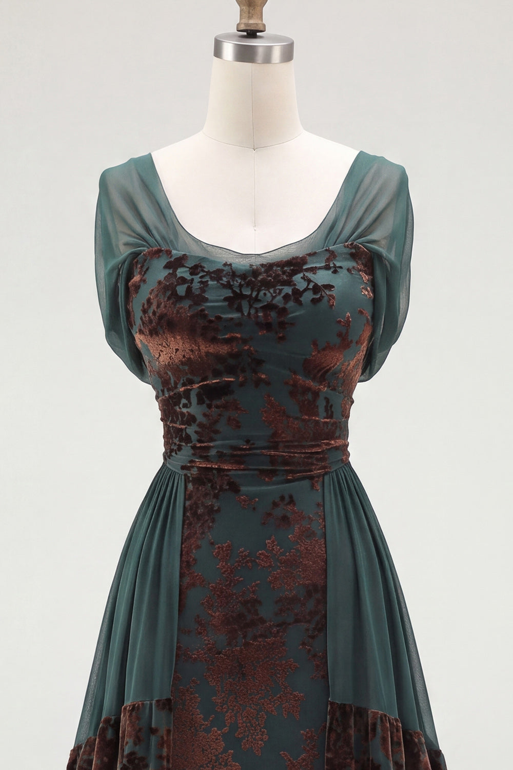 Dark Green Floral A Line Long Velvet Holiday Dress with Sleeves
