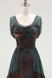 Dark Green Floral A Line Long Velvet Holiday Dress with Sleeves