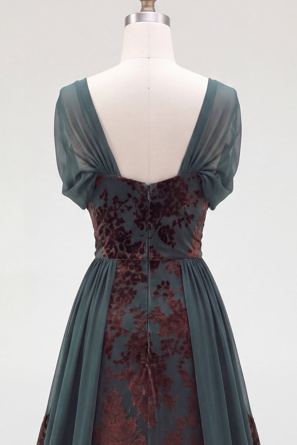 Dark Green Floral A Line Long Velvet Holiday Dress with Sleeves