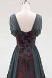 Dark Green Floral A Line Long Velvet Holiday Dress with Sleeves
