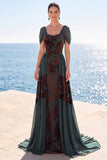 Dark Green Floral A Line Long Velvet Holiday Dress with Sleeves