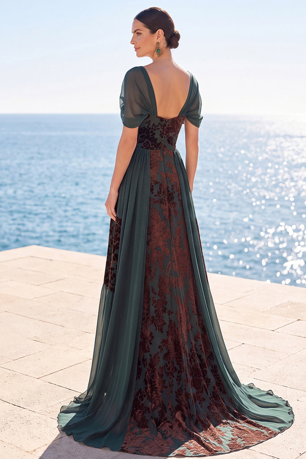 Dark Green Floral A Line Long Velvet Holiday Dress with Sleeves